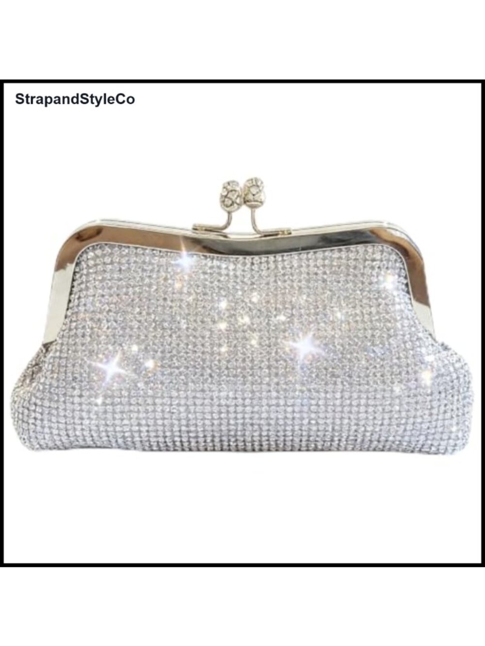 Rhinestone Kiss Lock Clutch Evening Bag with Detachable Chain Strap